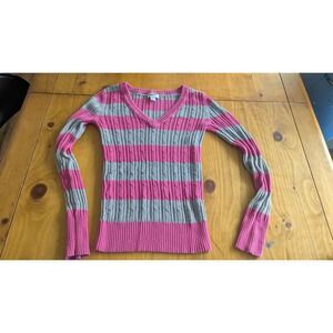 Vintage Arizona Jeans Co Striped Cable Knit V Neck Sweater Pink Gray junior L